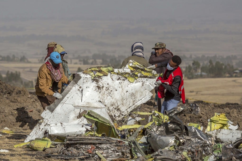 Debris at the scene of an Ethiopian Airlines Boeing Max plane crash in 2019, outside of Addis Ababa, Ethiopia. File photo: AP