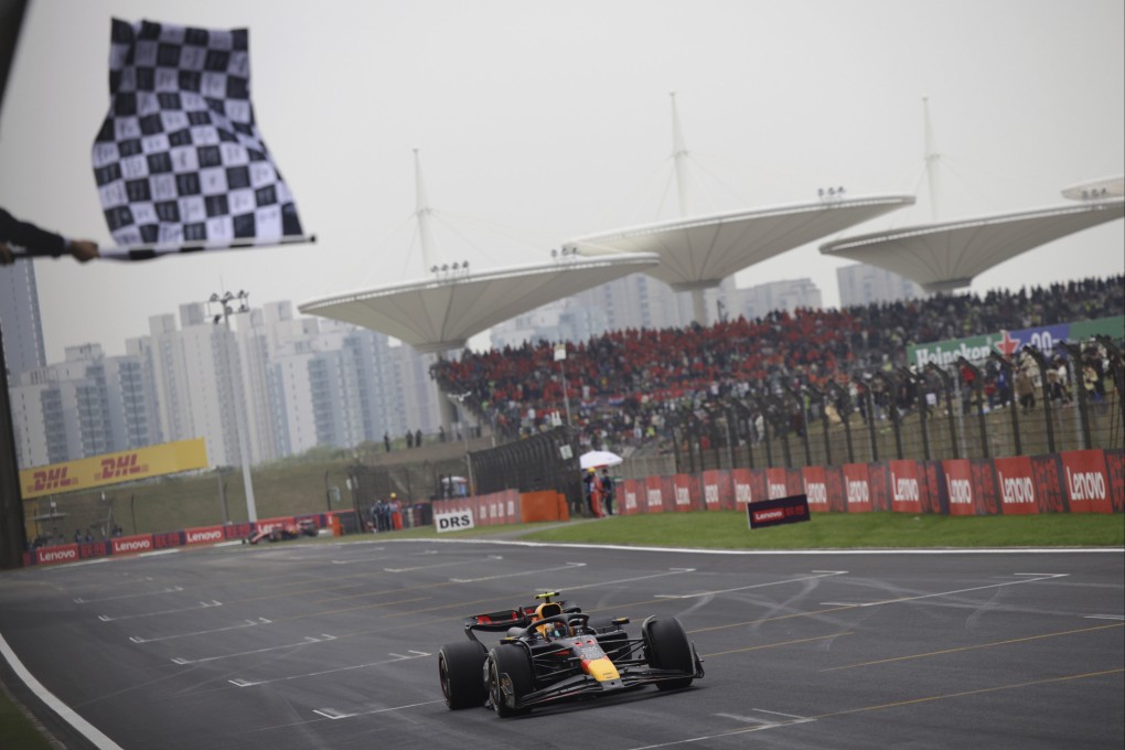 Red Bull driver Sergio Perez of Mexico crosses the finish line to place third at April’s Chinese Grand Prix in Shanghai. Photo: AP