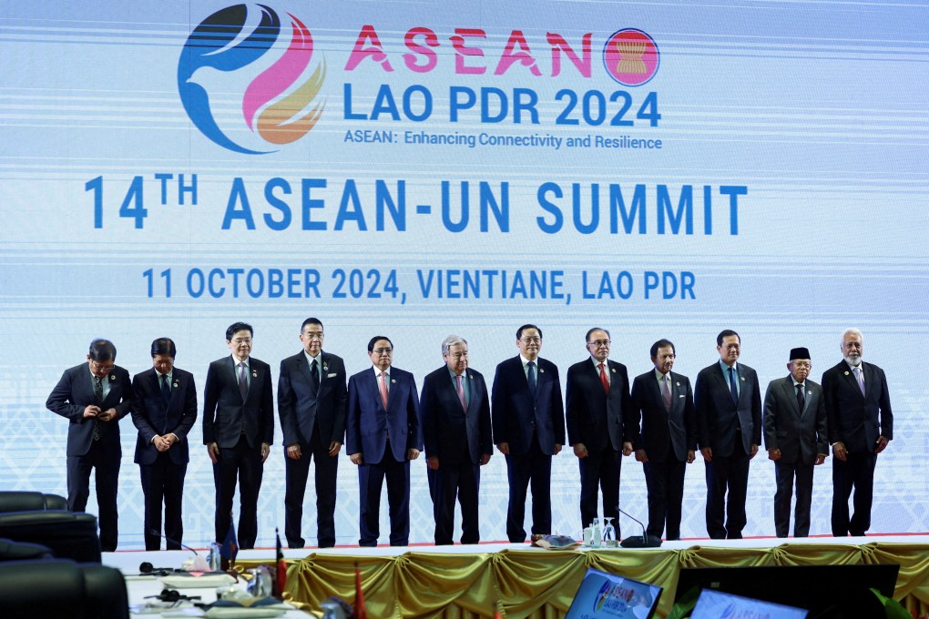 Asean leaders and top ministers pose with United Nations Secretary General Antonio Guterres, sixth from the left, at the Asean-UN Summit in Vientiane, Laos, on October 11. Photo: Reuters