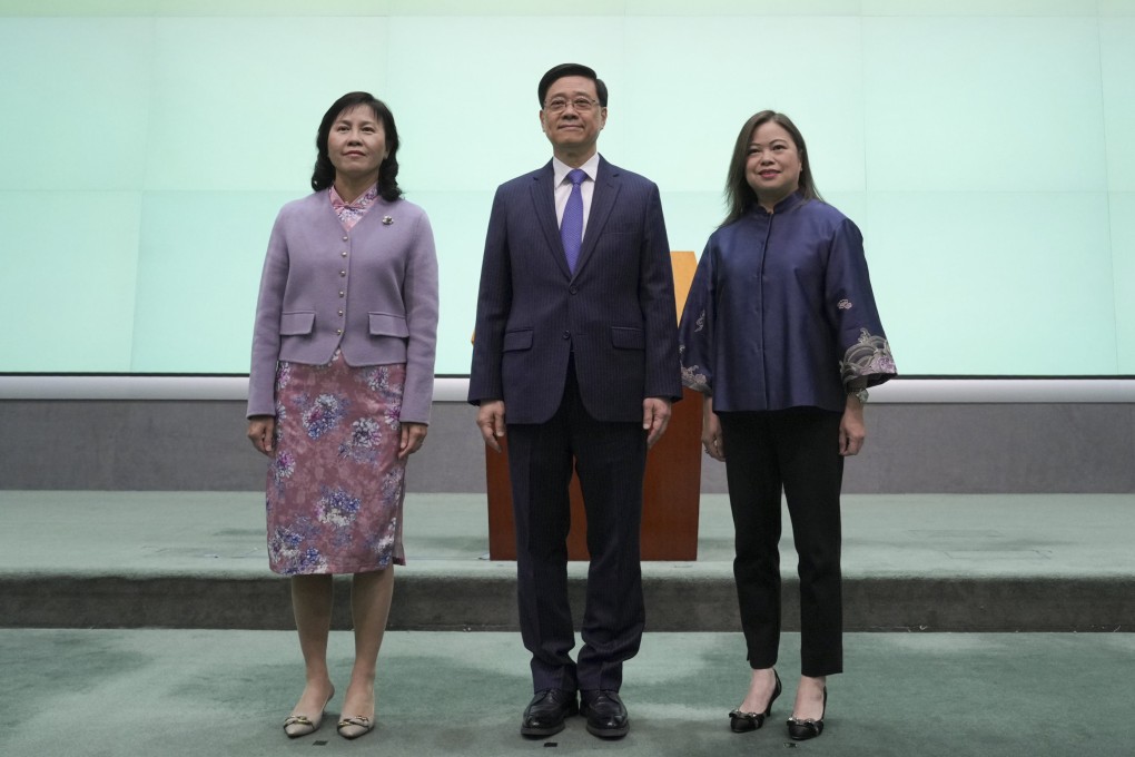 Chief Executive John Lee Ka-chiu (centre) announces the appointments of Mable Chan (left) as secretary for transport and logistics, and Rosanna Law Shuk-pui (right) as secretary for culture, sports and tourism at the government headquarters in Tamar on December 5. Photo: May Tse