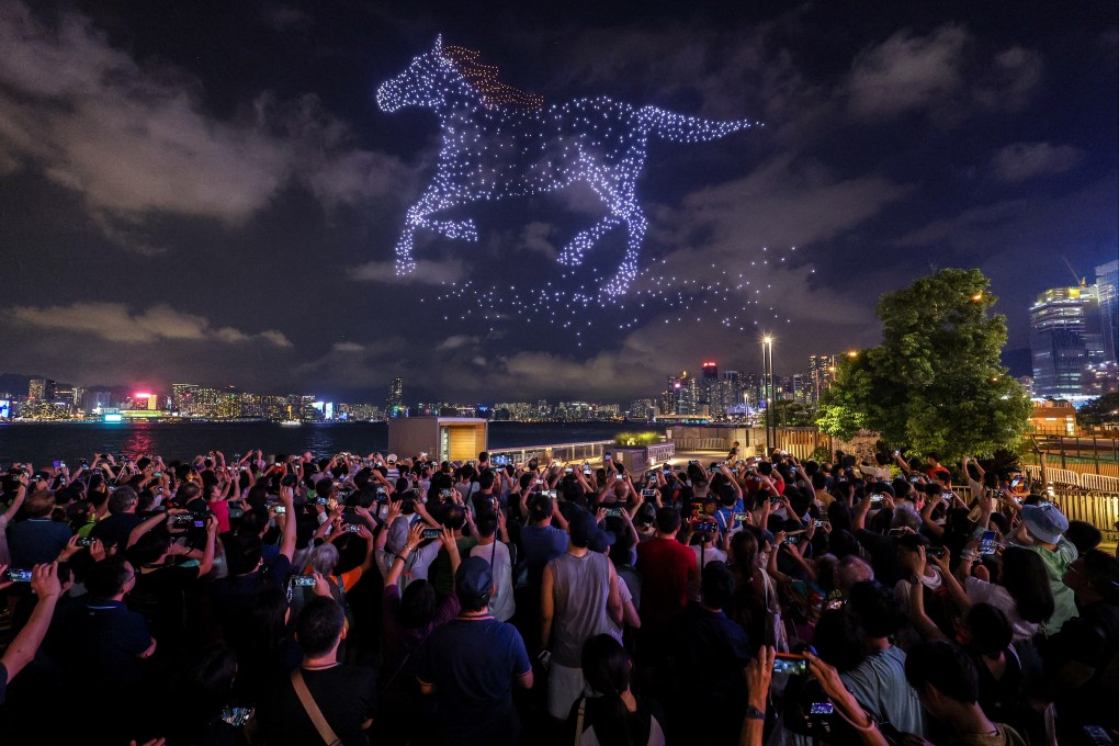 Drones take the shape of a horse painted by Chinese artist Xu Beihong during a show over Victoria Harbour on September 28. Photo: Dickson Lee