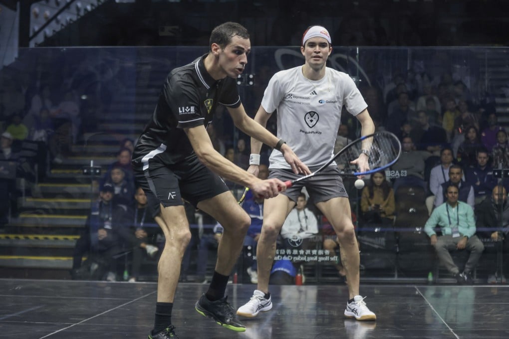 Ali Farag hits through a backhand during his semi-final victory over Diego Elias. Photo: Jonathan Wong