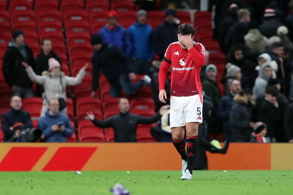 Manchester United’s Harry Maguire walks off after his side’s first defeat at home to Nottingham Forest in 30 years. Photo: Reuters