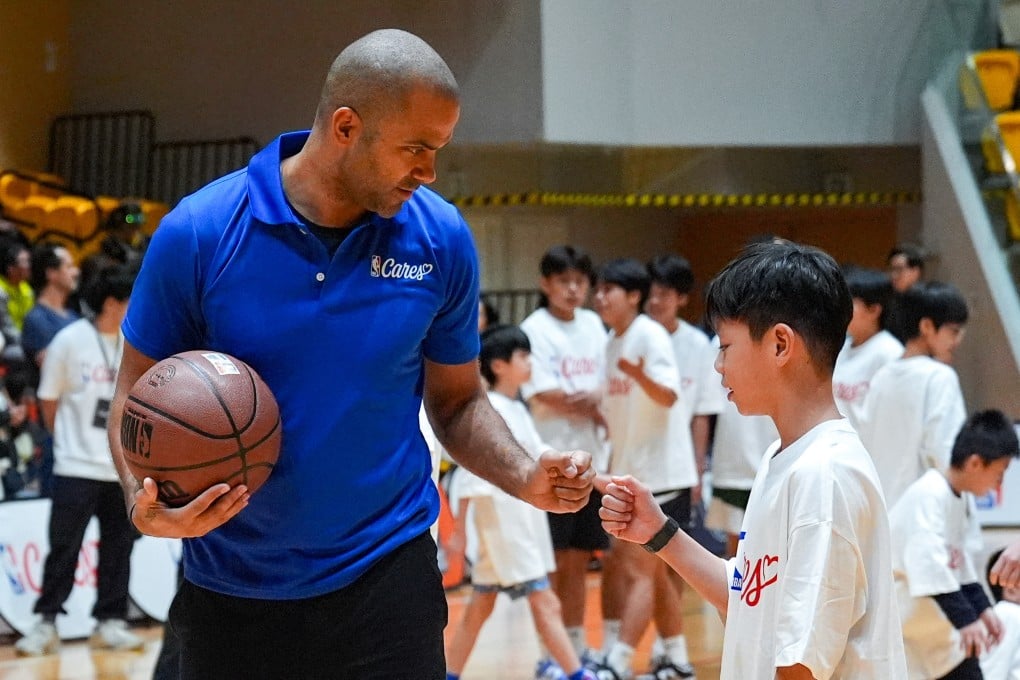 Hall of famer Tony Parker took part in a coaching session at the NBA Fan Fest at Tusen Wan Sports Centre. Photo: Eugene Lee