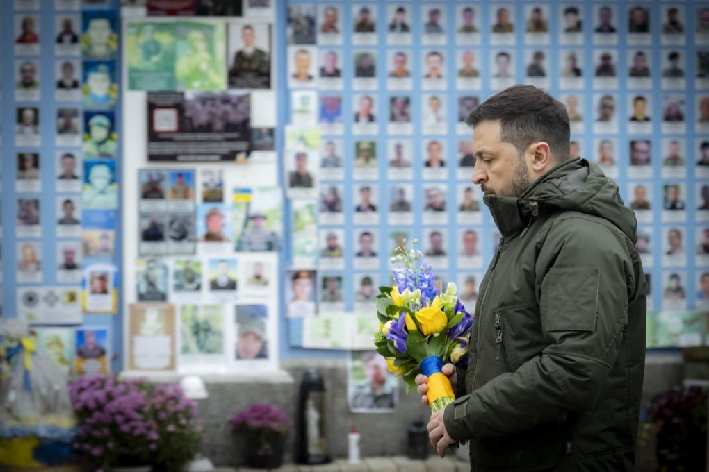 Ukraine’s President Volodymyr Zelensky honouring Ukraine’s war dead. Photo: Ukrainian Presidential Press Service via EPA=EFE