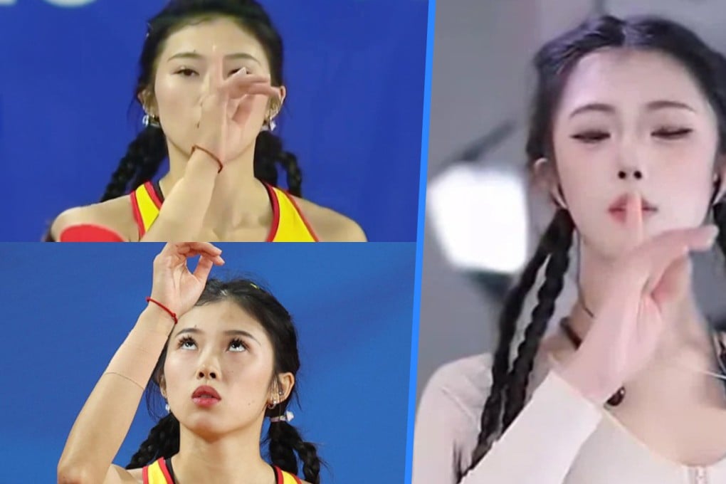 A Chinese KOL (right) provocatively mimics national athlete Wu Yanni, top left and bottom, in a video, igniting debate over the objectification of female athletes. Photo: SCMP composite/Douyin/Ifeng News