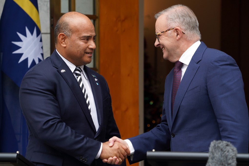 Nauru President David Adeang (left) shakes hands with Australian Prime Minister Anthony Albanese at Parliament House in Canberra on Monday. Photo: AAP/dpa
