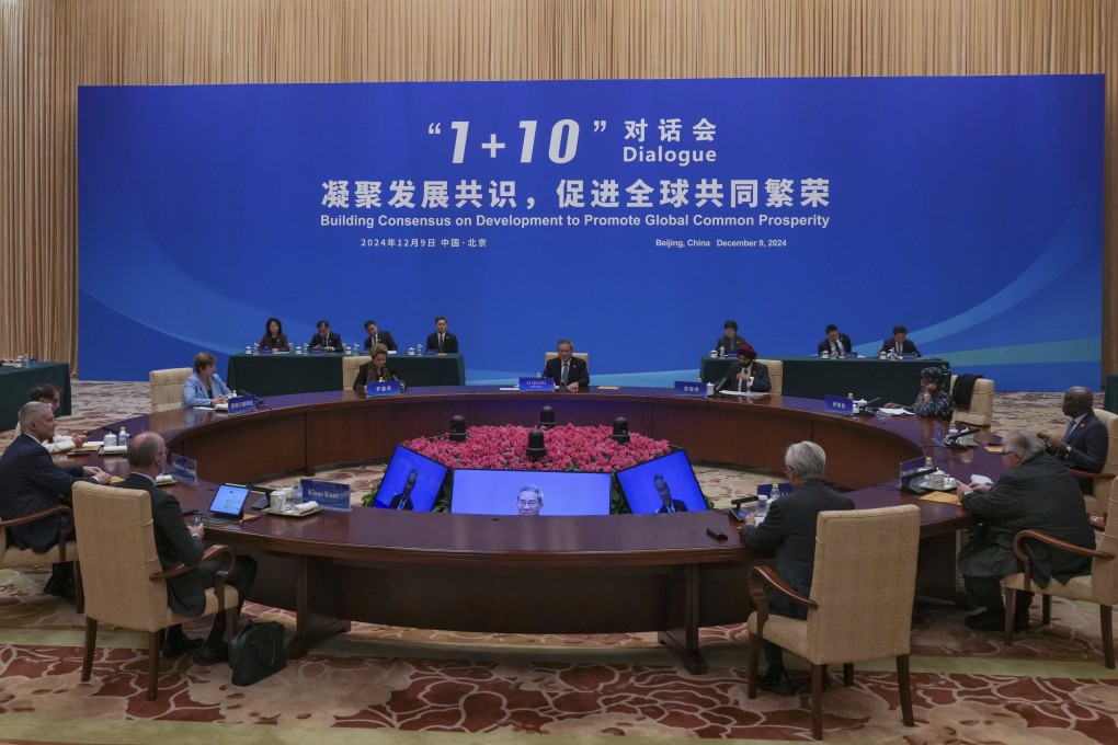 China’s premier, Li Qiang (centre), speaks as he chairs the “1+10” Dialogue on Building Consensus on Development to Promote Global Common Prosperity in Beijing on Monday. Photo: AP