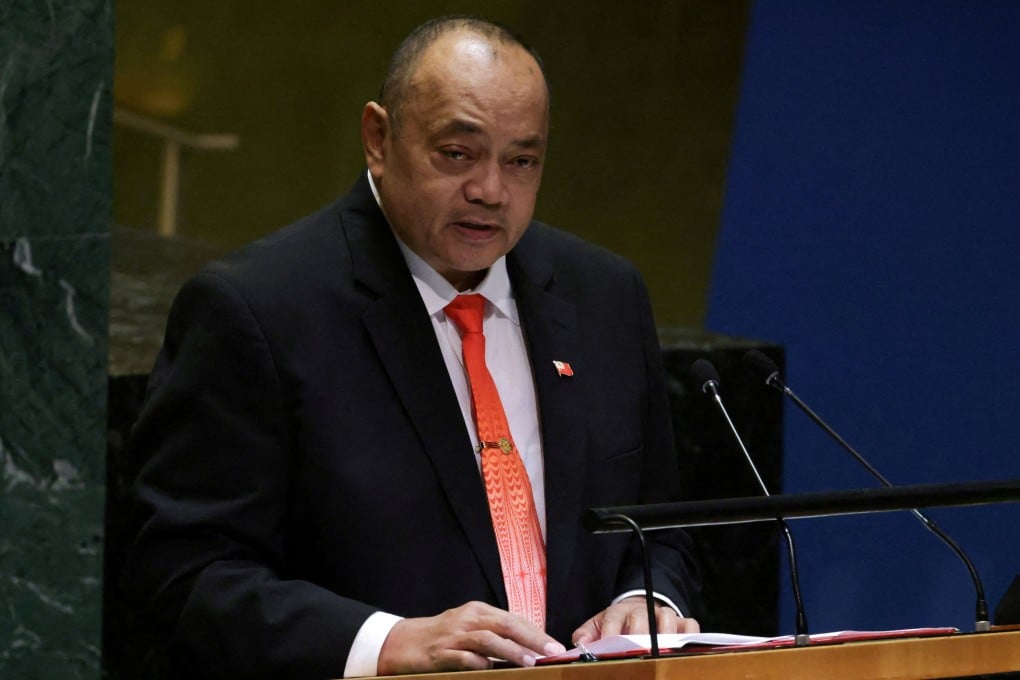 Tonga’s Prime Minister Siaosi ‘Ofakivahafolau Sovaleni addresses the United Nations General Assembly in September. Photo: Reuters