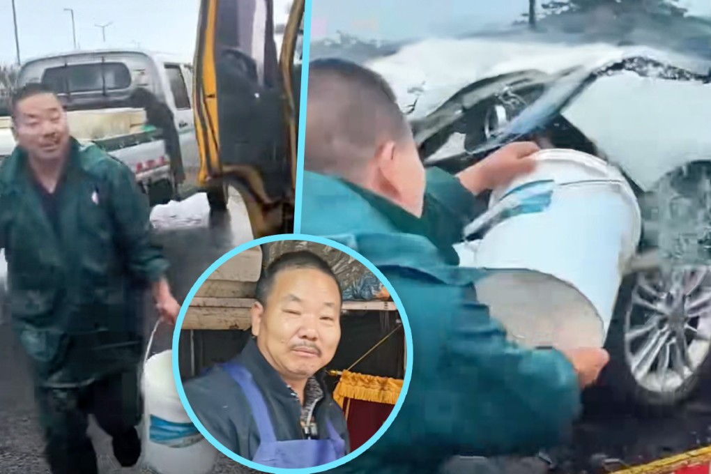 A Chinese seafood vendor received praise for extinguishing a car fire, even though he lost valuable marine products in the effort. Photo: SCMP composite/Douyin