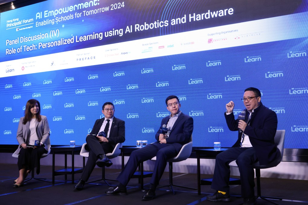 (From left) Zuraidah Ibrahim, the SCMP’s executive managing editor, Ricky Choi, Cyberport’s director of smart living, Zhizheng Zhang, VP of large models at Galbot, and Eddie Hui, digital innovations lead at Lenovo, take part in a panel discussion at the forum. Photo: Dickson Lee