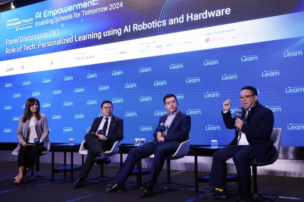 (From left) Zuraidah Ibrahim, the SCMP’s executive managing editor, Ricky Choi, Cyberport’s director of smart living, Zhizheng Zhang, VP of large models at Galbot, and Eddie Hui, digital innovations lead at Lenovo, take part in a panel discussion at the forum. Photo: Dickson Lee