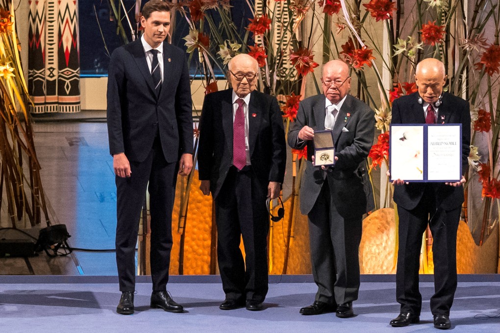 Representatives of 2024 Nobel Peace Prize winner Nihon Hidankyo, Terumi Tanaka, Shigemitsu Tanaka and Toshiyuki Mimaki attend the Nobel Peace Prize ceremony in Oslo, Norway on December 10. Photo: Reuters.