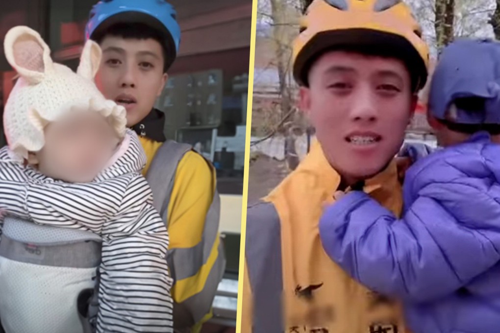 A Chinese man was arrested for impersonating a food delivery rider 43 times in one day, using his baby to evoke online sympathy and boost his profile and profits. Photo: SCMP composite/Douyin