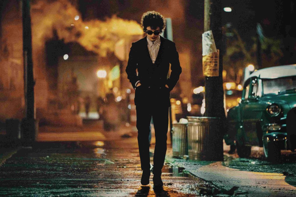 Timothée Chalamet as Bob Dylan in a still from A Complete Unknown, directed by James Mangold. Edward Norton and Elle Fanning co-star. Photo: Searchlight Pictures