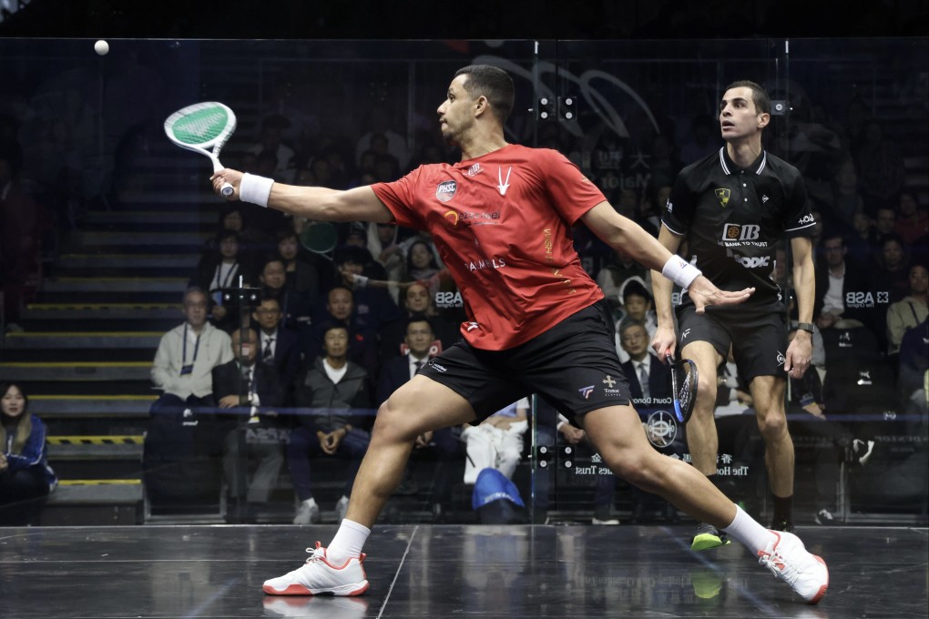 Mostafa Asal aims a shot during his Hong Kong Squash Open final victory over Ali Farag. Photo: Jonathan Wong
