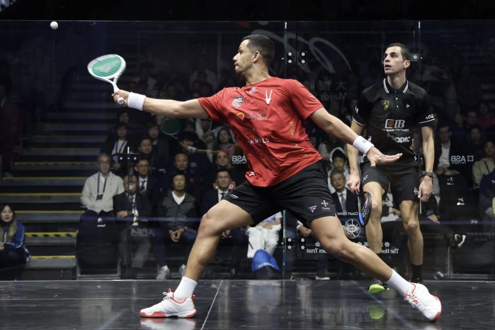 Mostafa Asal aims a shot during his Hong Kong Squash Open final victory over Ali Farag. Photo: Jonathan Wong