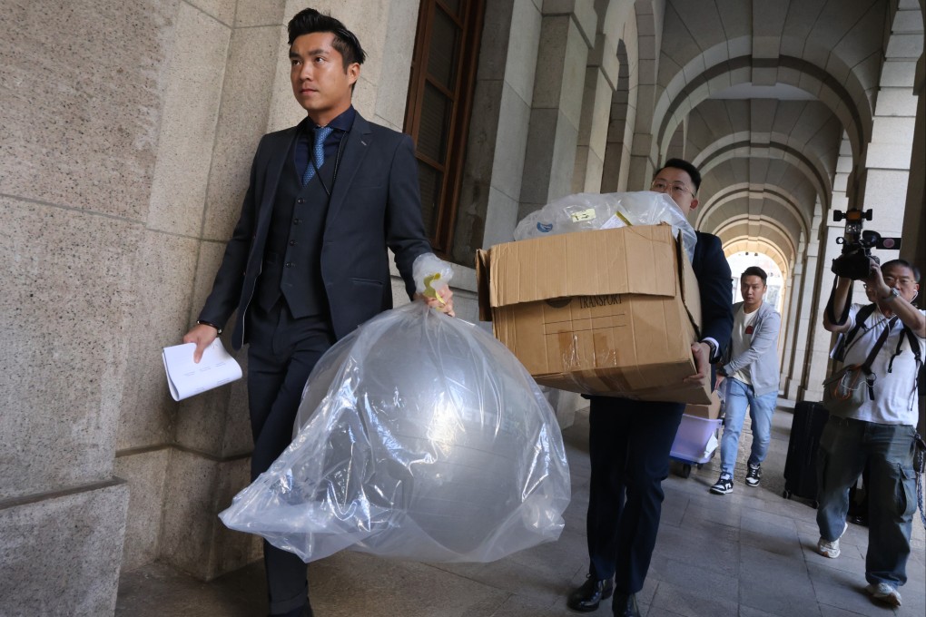 A yoga ball brought in for evidence. The accused has denied filling a yoga ball with carbon monoxide and placing it inside the family’s yellow Mini Cooper to kill his wife and daughter. Photo: Dickson Lee