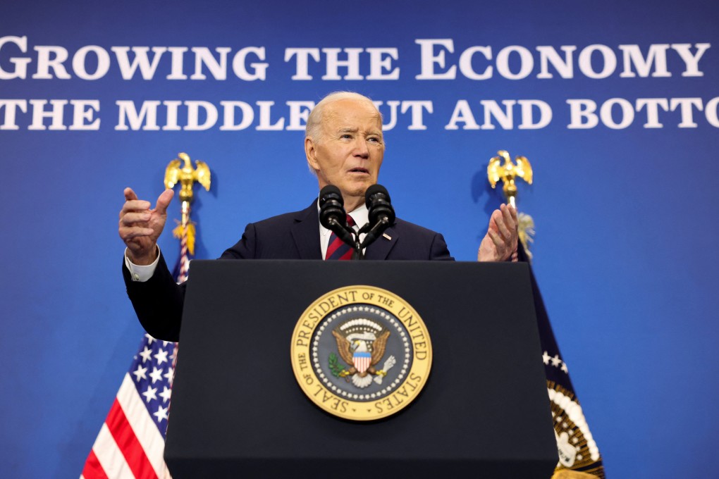 US President Joe Biden delivering  remarks about the US economy at the Brookings Institution in Washington on Tuesday. Photo: Reuters