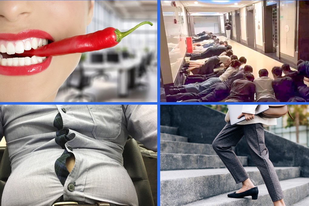 The Post examines several of China’s quirky company rituals, such as floor greetings to the boss and consuming “death chillis” for failure, which surprised many. Photo: SCMP composite/Shutterstock/Douyin