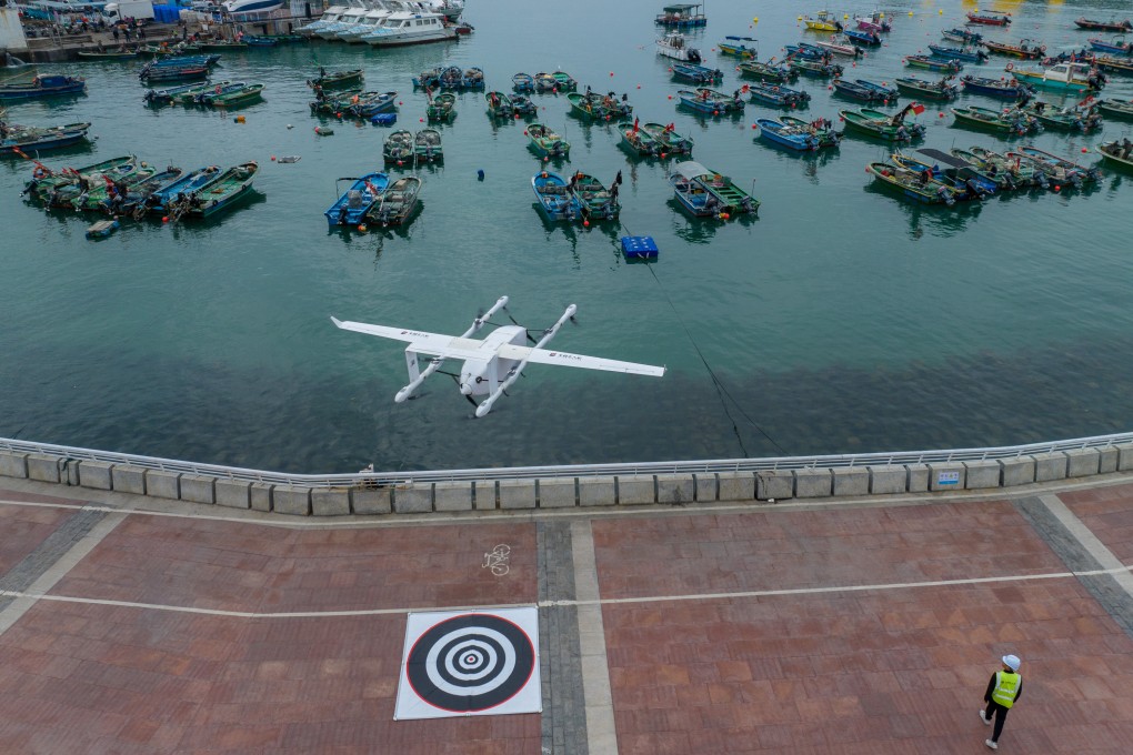 A drone delivering seafood takes off from a pier in Shenzhen on February 5. Photo: Xinhua