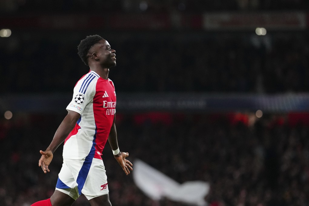 Arsenal’s Bukayo Saka celebrates after scoring his side’s second against Monaco at the Emirates Stadium. Photo: AP