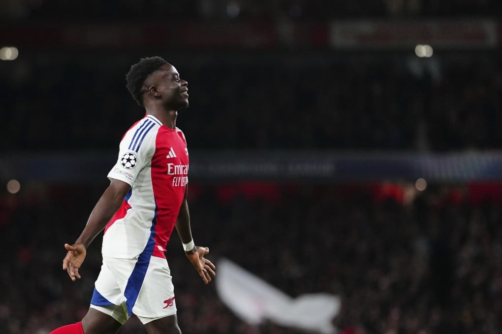 Arsenal’s Bukayo Saka celebrates after scoring his side’s second against Monaco at the Emirates Stadium. Photo: AP