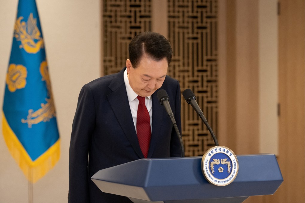 South Korean leader Yoon Suk-yeol delivers an address at the presidential office in Seoul on Thursday. Photo: South Korean presidential office via Reuters