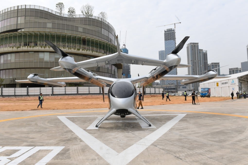 A five-seat eVTOL (electric vertical takeoff and landing) aircraft is seen in Shenzhen, where “bold capital” is being encouraged to elevate innovation and economic growth. Photo: Xinhua