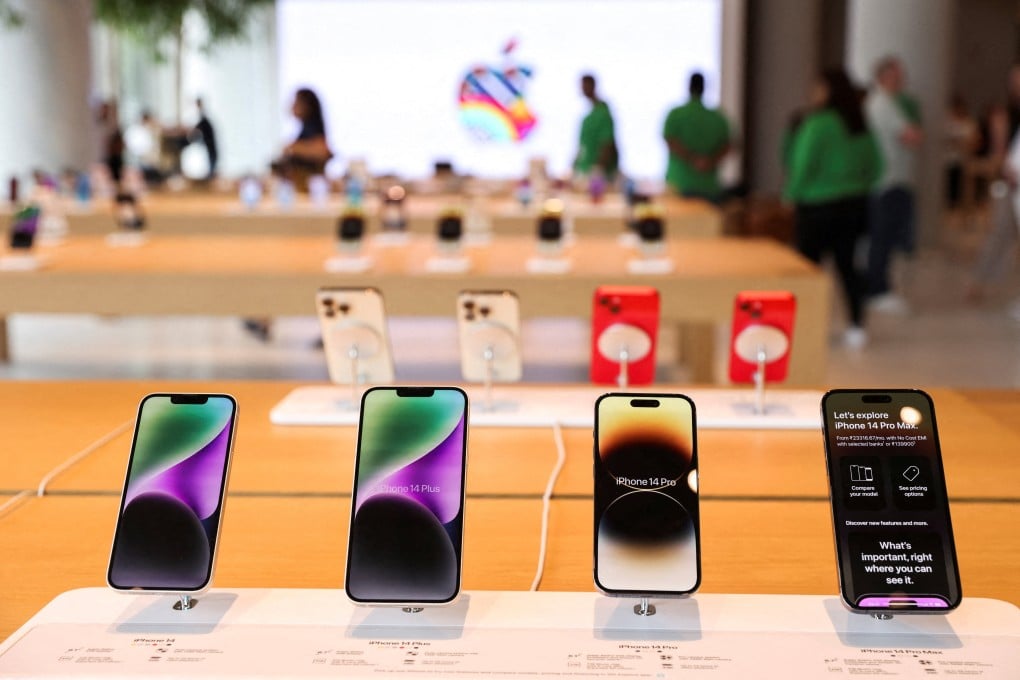 An iPhone display seen inside India’s first Apple retail store in Mumbai on April 17, 2023. Photo: Reuters