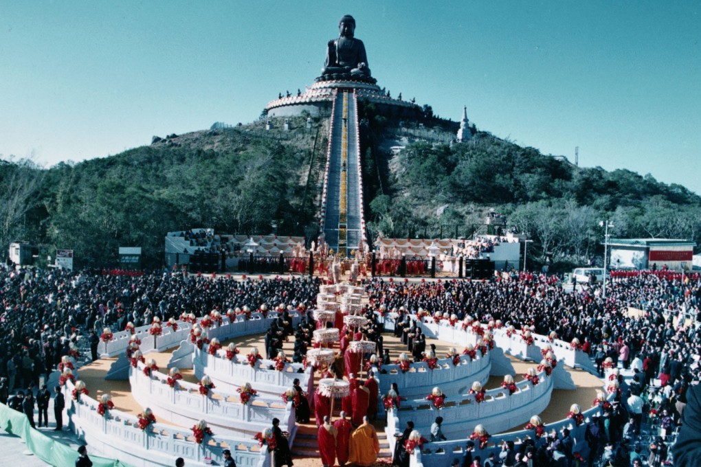 The inaugural ceremony of the Tian Tan Buddha statue rising before the Po Lin Temple on Lantau Island, Hong Kong, in 1993. Photo: SCMP Archives