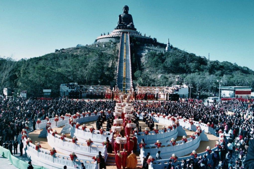 The inaugural ceremony of the Tian Tan Buddha statue rising before the Po Lin Temple on Lantau Island, Hong Kong, in 1993. Photo: SCMP Archives