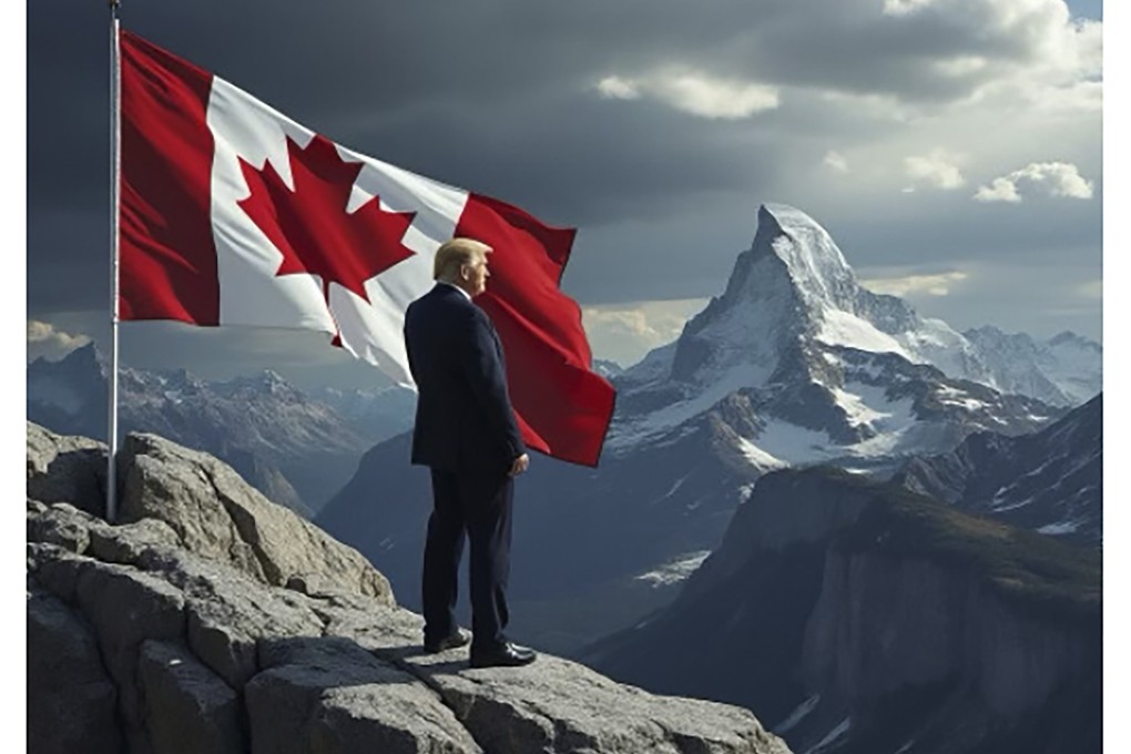 An AI-generated image of Donald Trump standing atop a mountain next to a Canadian flag. Photo: Truth Social via AP