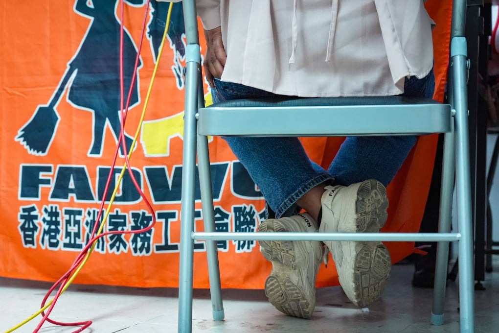 One of the domestic workers who spoke at Sunday’s press conference. Photo: Eugene Lee