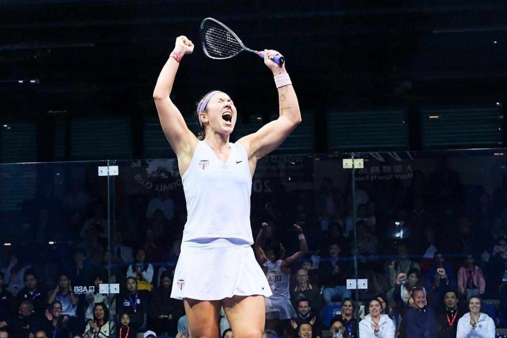 Amanda Sobhy celebrates a victory during this week’s World Squash Team Championships at Hong Kong Football Club. Photo: World Squash Federation