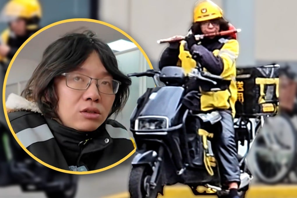 A Chinese delivery worker spreads joy by playing the flute during his deliveries, inspiring many with his uplifting spirit. Photo: SCMP composite/Douyin