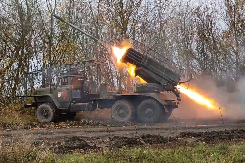 A Russian “Grad” self-propelled 122mm multiple rocket launcher fires toward Ukrainian position in the Kursk region. Photo:: Russian Defense Ministry Press Service photo via AP