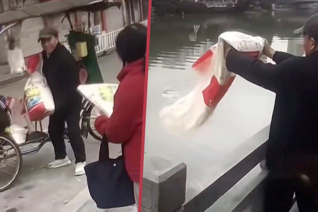 Two individuals in China were caught dumping rice into a river, claiming they were doing “something good”. Photo: SCMP composite/Douyin