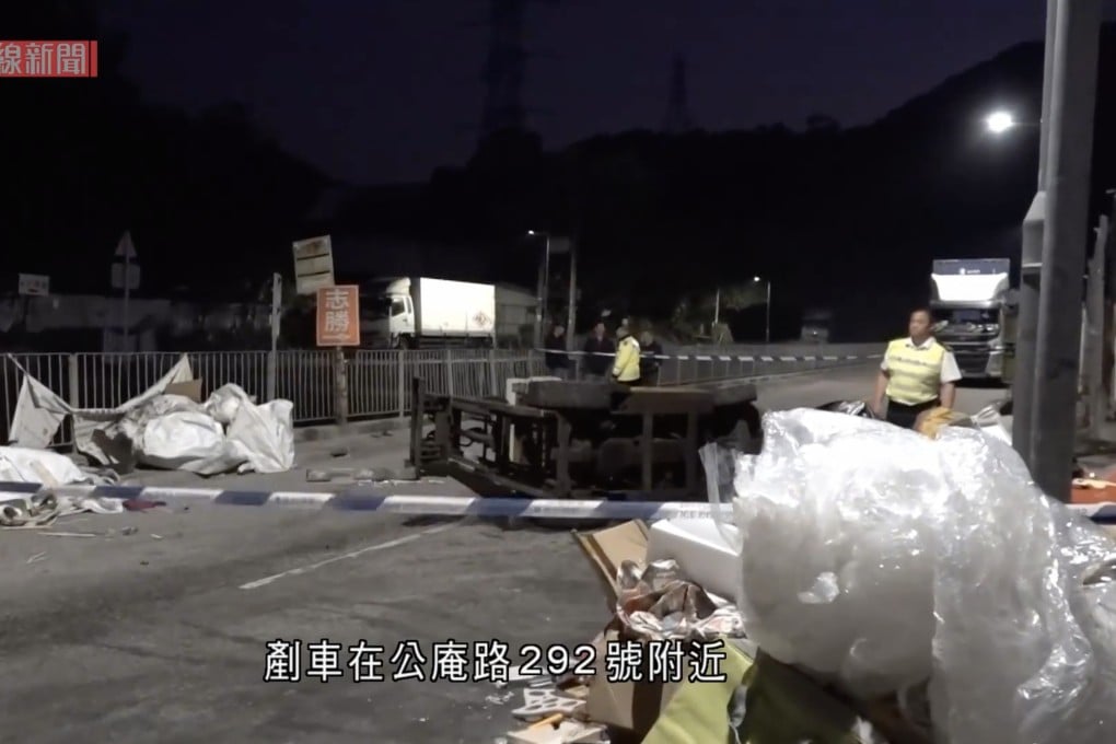 A screengrab shows the forklift on its side in Yuen Long. Photo: SCMP