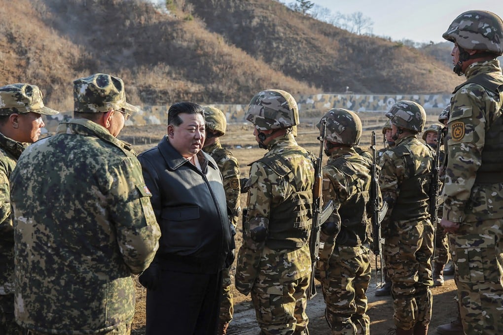 North Korean leader Kim Jong Un meets soldiers during a visit to a training base in North Korea in March. Thousands of his troops have been sent to help Russia in its fight against Ukraine. Photo: Handout AP
