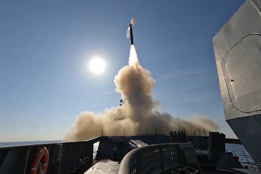 A Russian navy frigate launches a Zircon hypersonic cruise missile during drills in the Mediterranean Sea. Photo: Russian Defence Ministry via AP