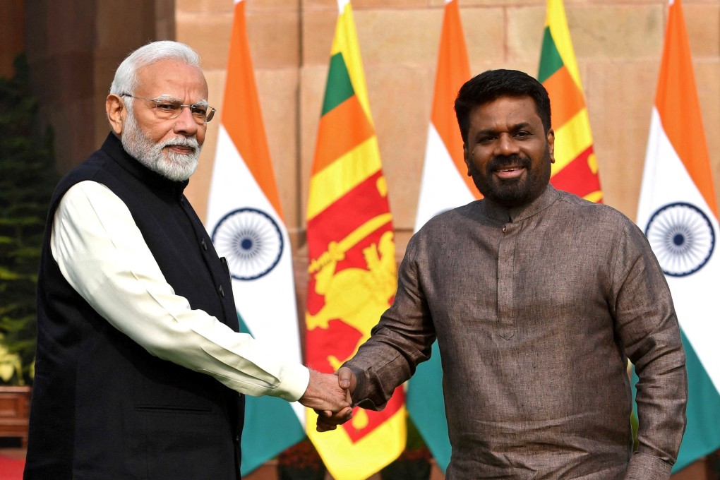Sri Lanka’s President Anura Kumara Dissanayake and India’s Prime Minister Narendra Modi shake hands ahead of their meeting at Hyderabad House in New Delhi on Monday. Photo: Reuters