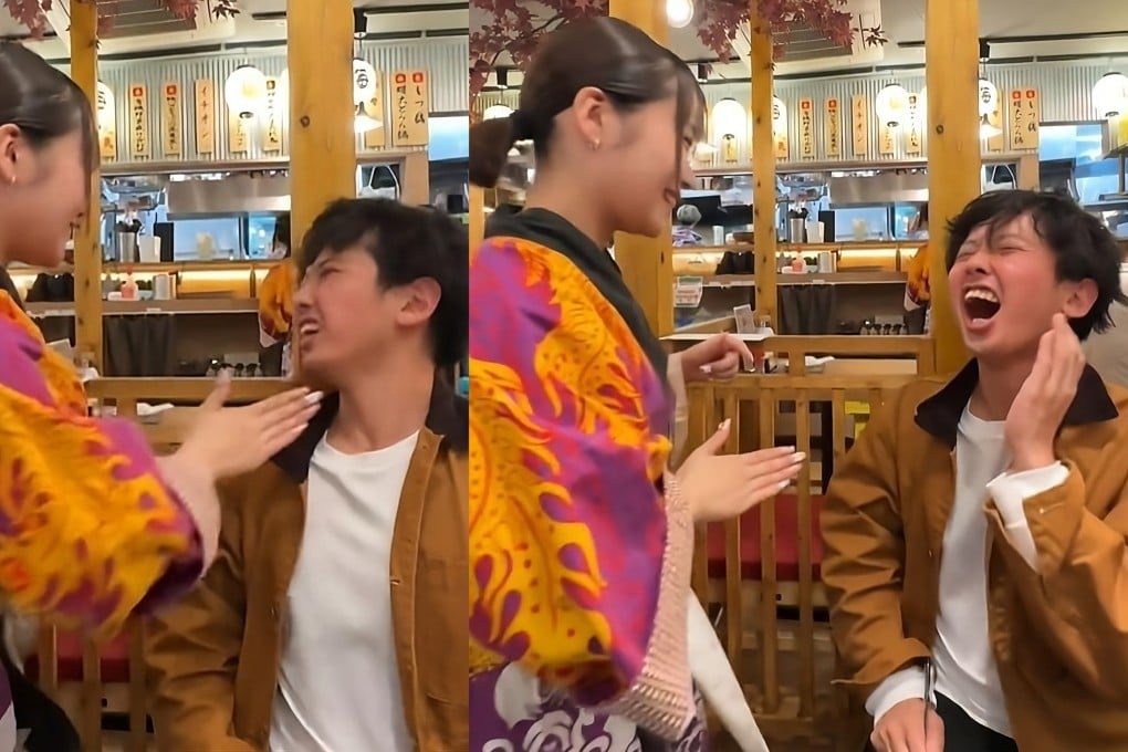 A Yotteba customer receives a slap to the face at one of its izakaya outlets in Japan. Photo: TikTok/Salty_Gourmets