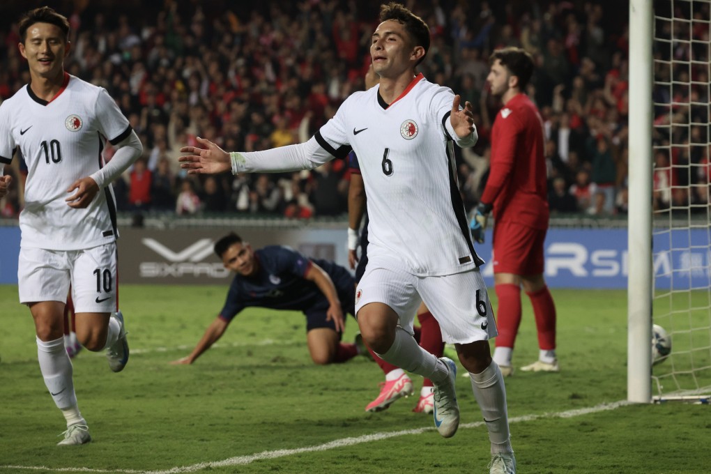 Nicolas Benavides celebrates scoring against Guam at Hong Kong Stadium. Photo: Dickson Lee