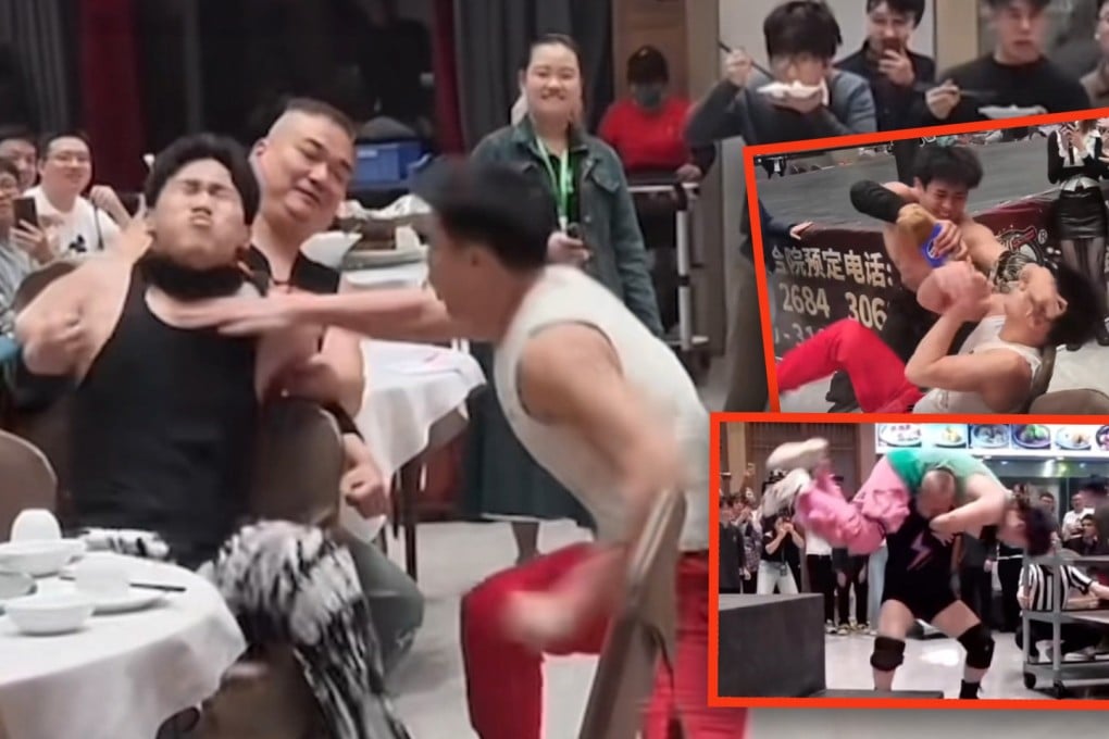 Diners in China are sitting down to eat dim sum while watching live wrestling at increasingly popular restaurant events. Photo: SCMP composite/Douyin