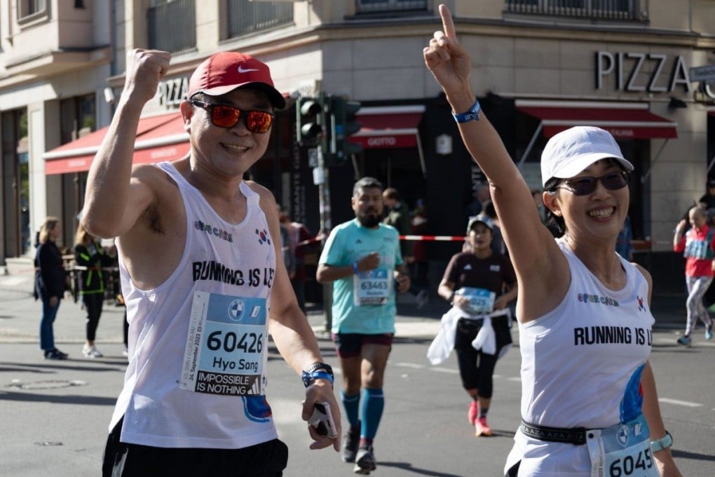 Bundang Marathon Club president Kim Sujin (right) at the 2023 Berlin Marathon. In South Korea, she and other club members meet on Sundays for long-distance runs. Photo: courtesy of Kim Sujin