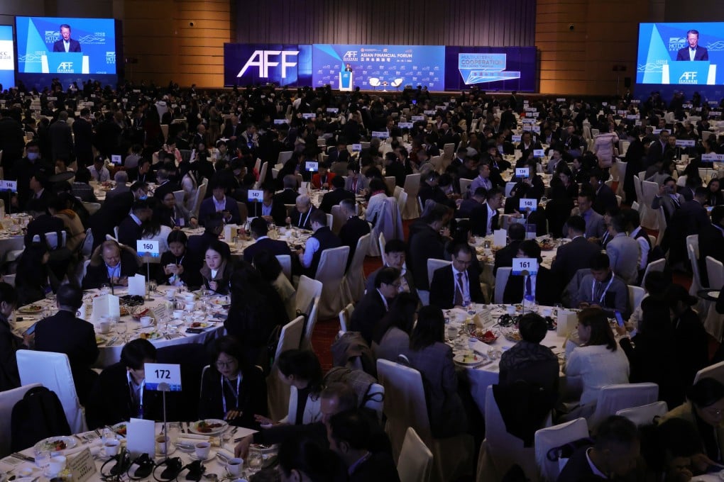 Paul Chan Mo-po, Hong Kong’s financial secretary, welcomes attendees to the 17th Asian Financial Forum 2024 at the Hong Kong Convention and Exhibition Centre in Wan Chai on January 24, 2024. Photo: May Tse