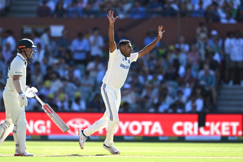 India’s Ravichandran Ashwin (right) dismisses Australia’s Mitchell Marsh in the second Test in Adelaide, his final international match. He took more wickets against Australia than any other country. Photo: EPA-EFE