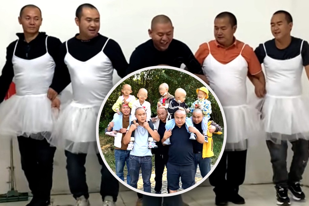 Five shaven-headed dads in China have donned tutus to perform silly dances to raise cash for their cancer-hit kids. Photo: SCMP composite/Douyin