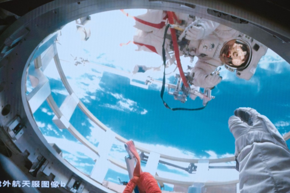 Shenzhou-19 astronaut Cai Xuzhe (above) and Song Lingdong (below) working outside and inside the airlock cabin of China’s orbiting space station, the Tiangong, on Tuesday. Photo: Xinhua